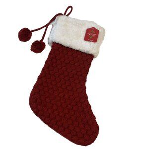 December Home Red Knit Christmas Stocking With White Cuff & Pom Poms